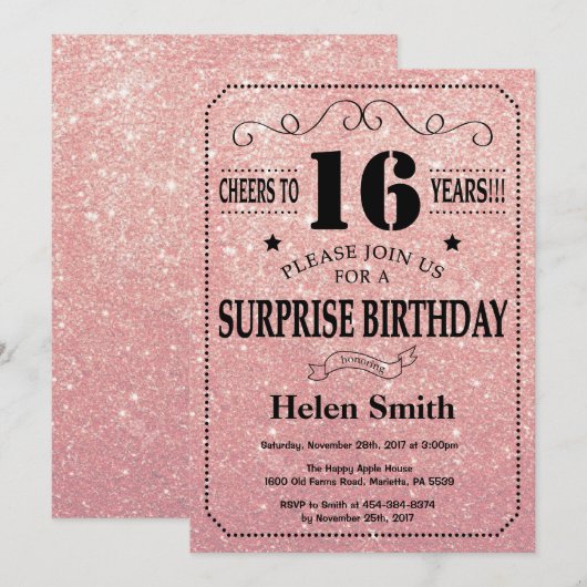 Verrassend 16e verjaardag Roze Rose Gold Glitter Kaart (Voorkant / Achterkant)