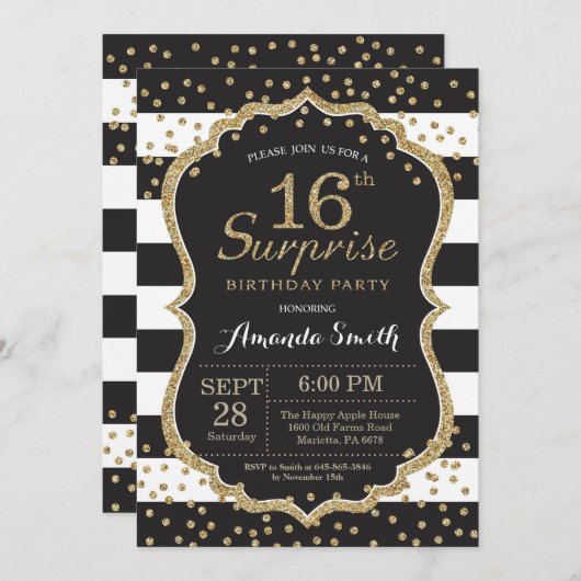 Verrassend 16e verjaardag uitnodiging. Gold Glitte Kaart (Voorkant / Achterkant)