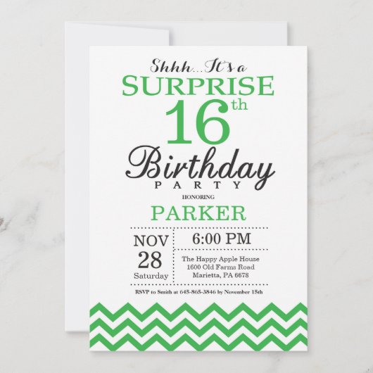 Verrassend 16e verjaardag Uitnodiging Groene Chevr (Voorkant)