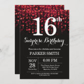 Verrassend 16e verjaardag Uitnodiging rood glitter (Voorkant / Achterkant)