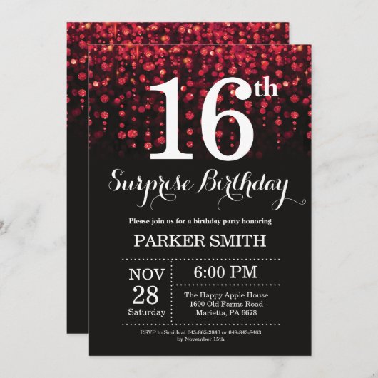 Verrassend 16e verjaardag Uitnodiging rood glitter (Voorkant / Achterkant)