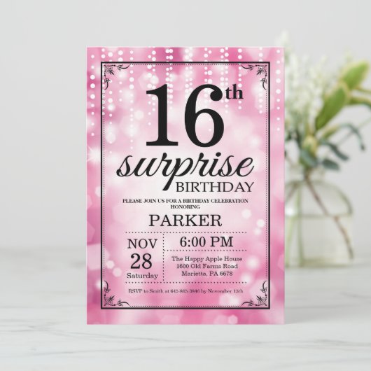 Verrassend 16e verjaardag Uitnodiging Roze Glitter (Staand voorkant)