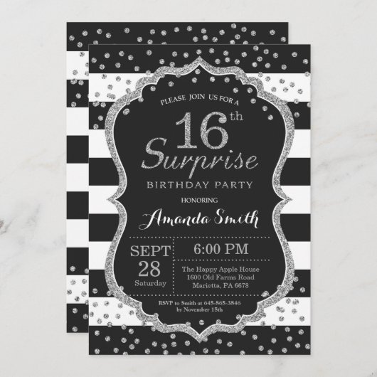 Verrassend 16e verjaardag uitnodiging. Silver Glit Kaart (Voorkant / Achterkant)