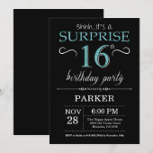 Verrassend 16e verjaardag Uitnodiging zwart en Bla (Voorkant / Achterkant)