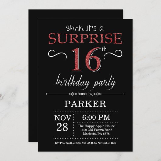 Verrassend 16e verjaardag Uitnodiging zwart-wit en (Voorkant / Achterkant)