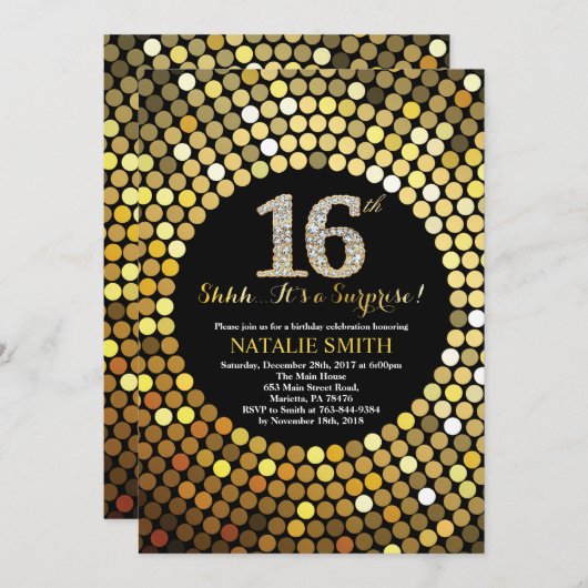 Verrassend 16e verjaardag zwart en goudglitter kaart (Voorkant / Achterkant)