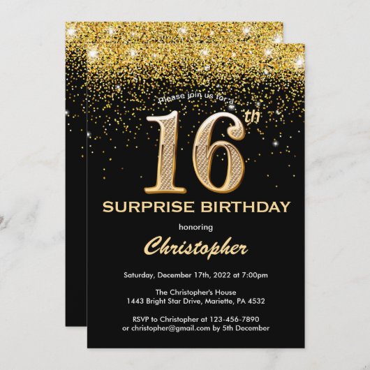 Verrassend 16e verjaardag zwart en goudglitter kaart (Voorkant / Achterkant)