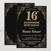 Verrassend 16e verjaardag zwart en goudglitter kaart (Voorkant / Achterkant)