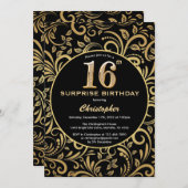 Verrassend 16e verjaardag zwarte en goudbloem kaart (Voorkant / Achterkant)
