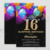 Verrassend 16e verjaardag zwarte en gouden ballonn kaart (Voorkant / Achterkant)