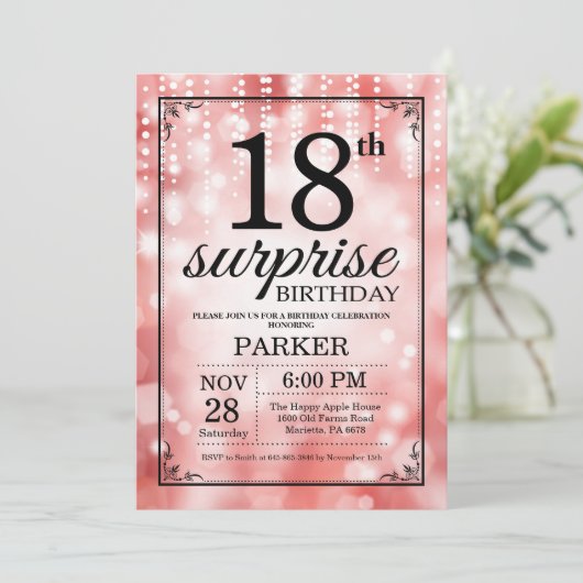 Verrassend 18e verjaardag Uitnodiging rood glitter (Staand voorkant)