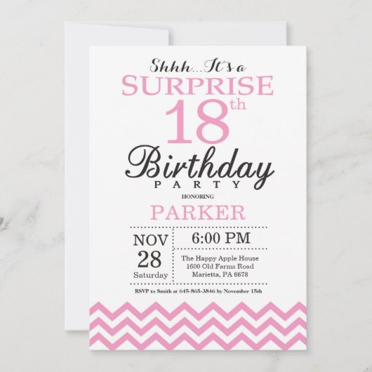 Verrassend 18e verjaardag Uitnodiging Roze Chevron (Voorkant)