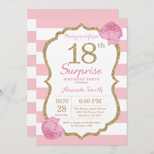 Verrassend 18e verjaardag Uitnodiging Roze en Goud (Voorkant / Achterkant)