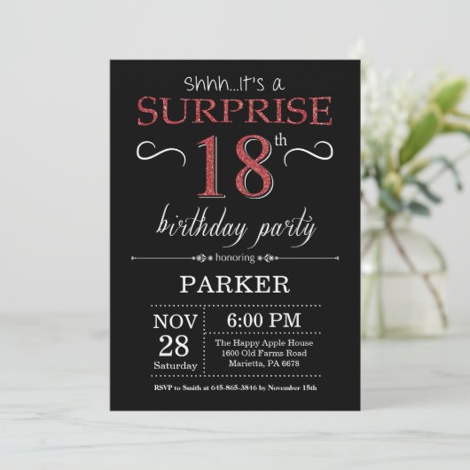 Verrassend 18e verjaardag Uitnodiging zwart-wit en (Staand voorkant)