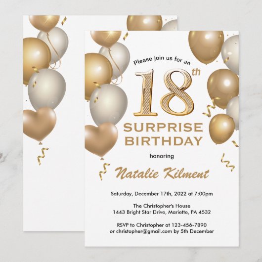Verrassend 18e verjaardag Witte en gouden ballonne Kaart (Voorkant / Achterkant)