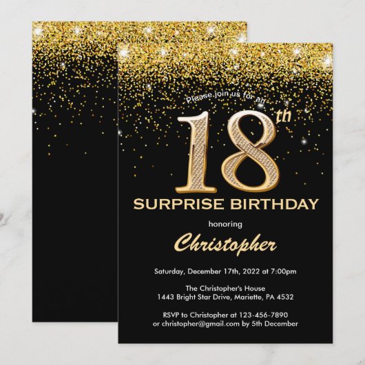 Verrassend 18e verjaardag zwart en gouden glitter kaart (Voorkant / Achterkant)