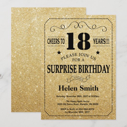 Verrassend 18e verjaardag zwart en gouden glitter kaart (Voorkant / Achterkant)
