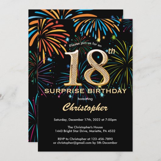 Verrassend 18e verjaardag zwart goudregenboogvuurw kaart (Voorkant / Achterkant)