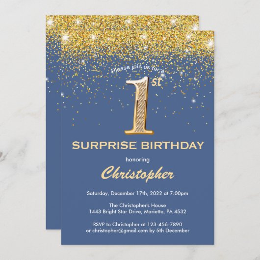 Verrassend 1e verjaardag Blauw en Glitter Kaart (Voorkant / Achterkant)