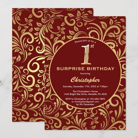 Verrassend 1e verjaardag Burgundy Red & Gold Flora Kaart (Voorkant / Achterkant)