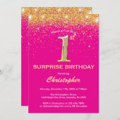 Verrassend 1e verjaardag Hot Pink en Gold Glitter Kaart (Voorkant / Achterkant)