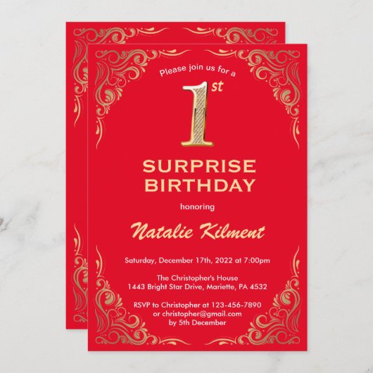 Verrassend 1e verjaardag Lijst met rode en goudgli Kaart (Voorkant / Achterkant)