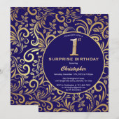 Verrassend 1e verjaardag Navy Blue en Gold Floral Kaart (Voorkant / Achterkant)