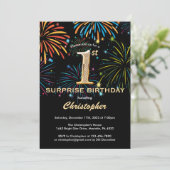 Verrassend 1e verjaardag zwart goudregenboogvuurwe kaart (Staand voorkant)