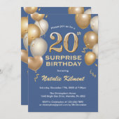 Verrassend 20e verjaardag Blauwe en gouden ballonn Kaart (Voorkant / Achterkant)