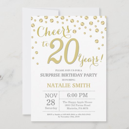 Verrassend 20e verjaardag Gold Glitter Diamond Kaart (Voorkant)