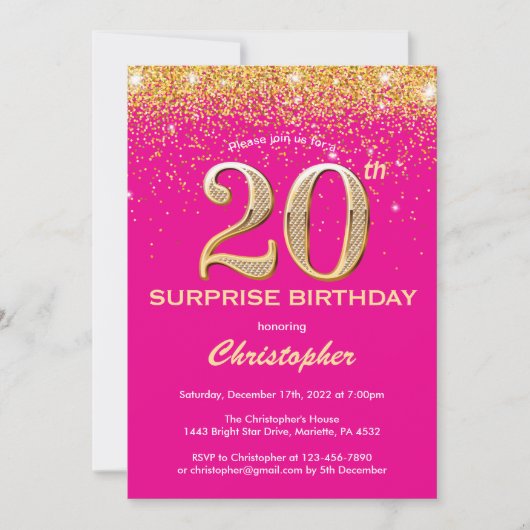 Verrassend 20e verjaardag Hot Pink en Gold Glitter Kaart (Voorkant)