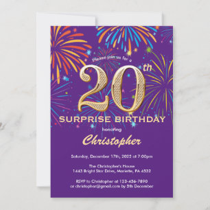 Verrassend 20e verjaardag Paars- en Gold-vuurwerk Kaart