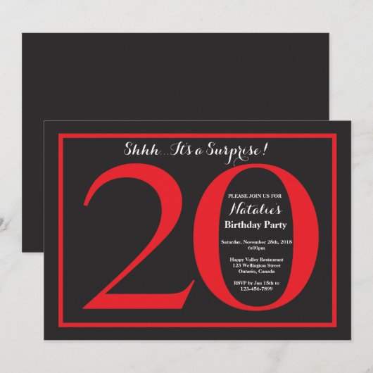 Verrassend 20e verjaardag rood en zwart karton kaart (Voorkant / Achterkant)