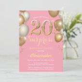 Verrassend 20e verjaardag Roze en gouden ballonnen Kaart (Staand voorkant)