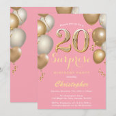 Verrassend 20e verjaardag Roze en gouden ballonnen Kaart (Voorkant / Achterkant)