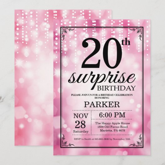 Verrassend 20e verjaardag Uitnodiging Roze Glitter (Voorkant / Achterkant)