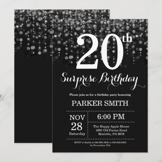 Verrassend 20e verjaardag Uitnodiging Silver Glitt (Voorkant / Achterkant)