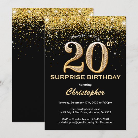 Verrassend 20e verjaardag zwart en gouden glitter kaart (Voorkant / Achterkant)
