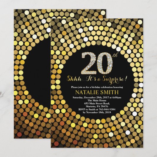 Verrassend 20e verjaardag zwart en gouden glitter kaart (Voorkant / Achterkant)
