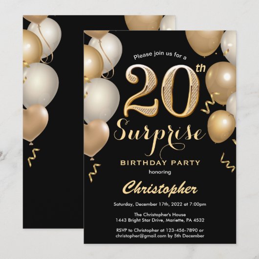 Verrassend 20e verjaardag zwarte en gouden ballonn kaart (Voorkant / Achterkant)