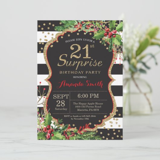 Verrassend 21e verjaardag Uitnodiging kerstgoud (Staand voorkant)