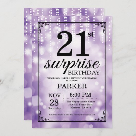 Verrassend 21e verjaardag Uitnodiging Paars Glitte (Voorkant / Achterkant)