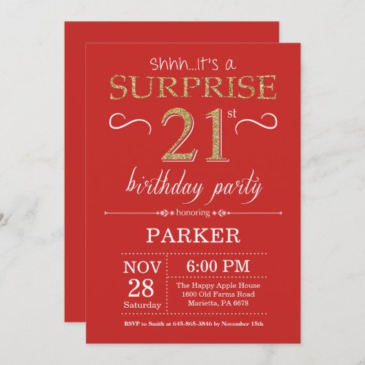 Verrassend 21e verjaardag Uitnodiging rood en goud (Voorkant / Achterkant)