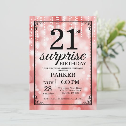 Verrassend 21e verjaardag Uitnodiging rood glitter (Staand voorkant)