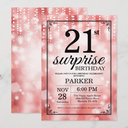Verrassend 21e verjaardag Uitnodiging rood glitter (Voorkant / Achterkant)