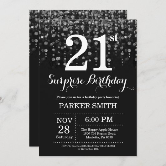 Verrassend 21e verjaardag Uitnodiging Silver Glitt (Voorkant / Achterkant)