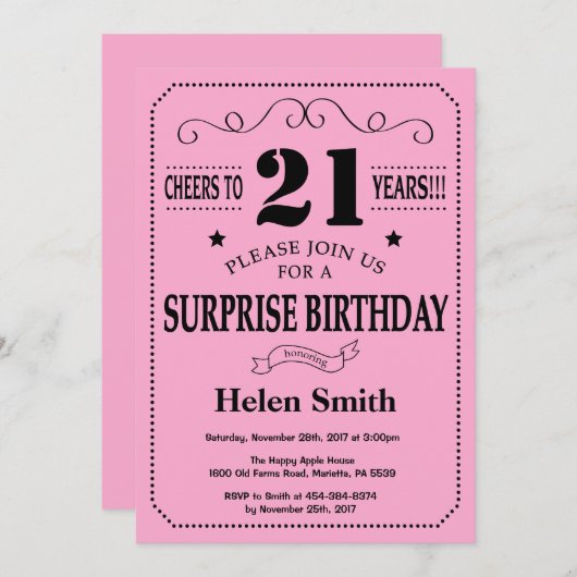 Verrassend 21e verjaardag Uitnodiging zwart-roze (Voorkant / Achterkant)
