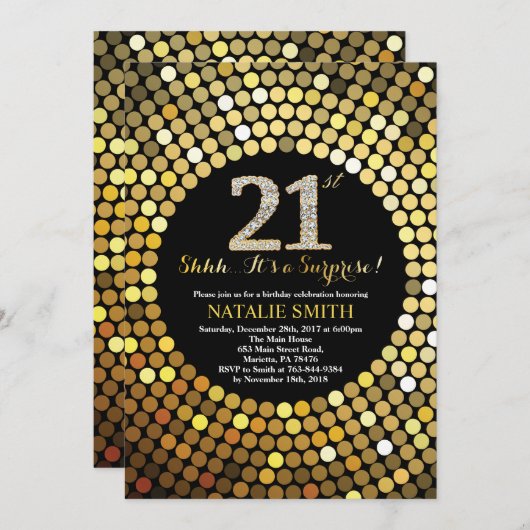 Verrassend 21e verjaardag zwart en goudglitter kaart (Voorkant / Achterkant)