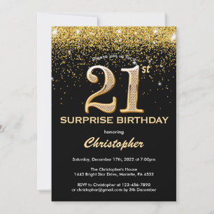 Verrassend 21e verjaardag zwart en goudglitter kaart