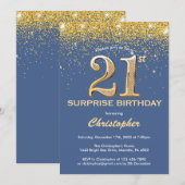 Verrassend 21st Birthday Blue en Gold Glitter Kaart (Voorkant / Achterkant)